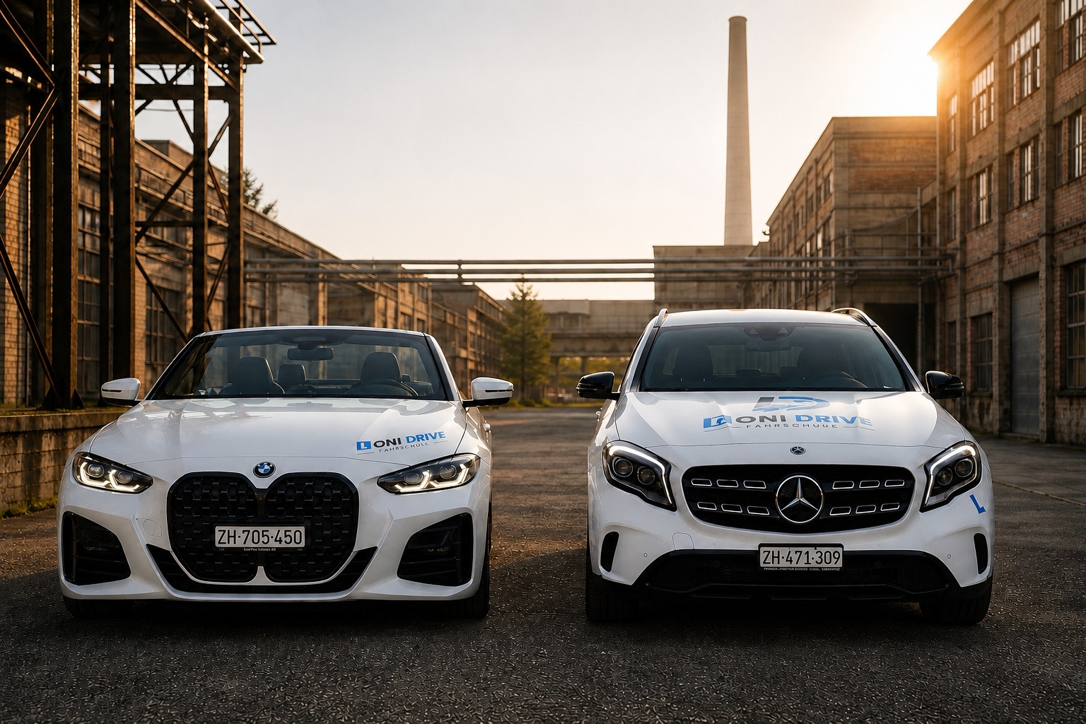 Die beiden Loni-Drive-Fahrschulfahrzeuge – BMW und Mercedes – frontal fotografiert
